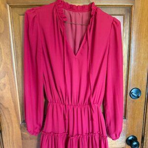 Red Ladies Small Dress, Ruffled Skirt, V Neck, Balloon Sleeve